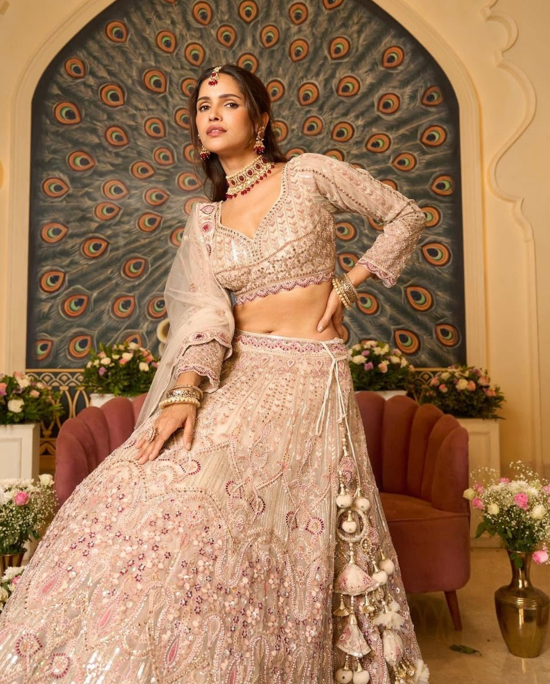 Gold color lehenga with multicolored thread work