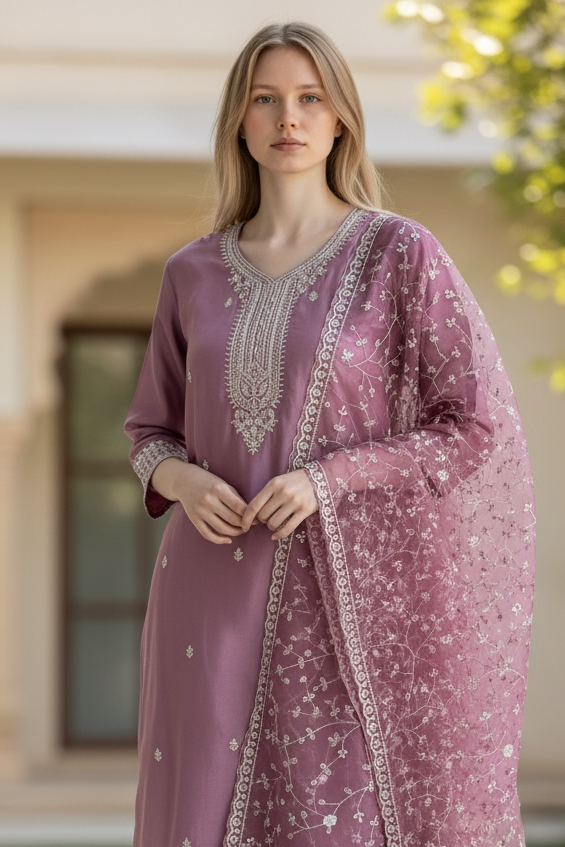 Baby pink Straight Suit w/fully work orzanga Dupata (Copy)