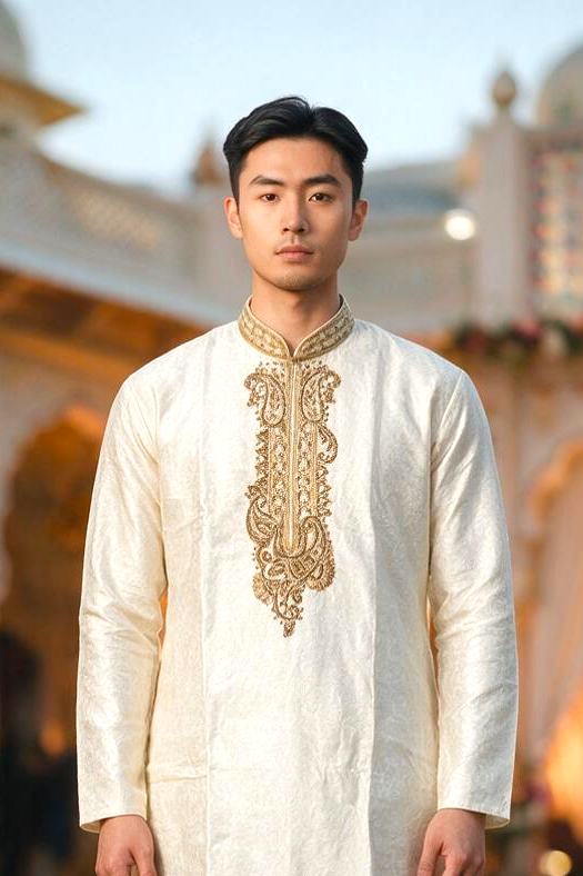 Men's Silk Kurta Pajama with hand work on neck – Indian Wedding Ethnic Wear Set