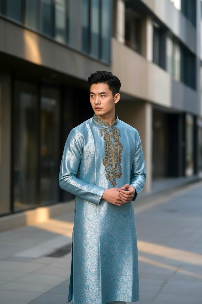 Men's Silk Kurta Pajama with hand work on neck – Indian Wedding Ethnic Wear Set - Bollywood style
