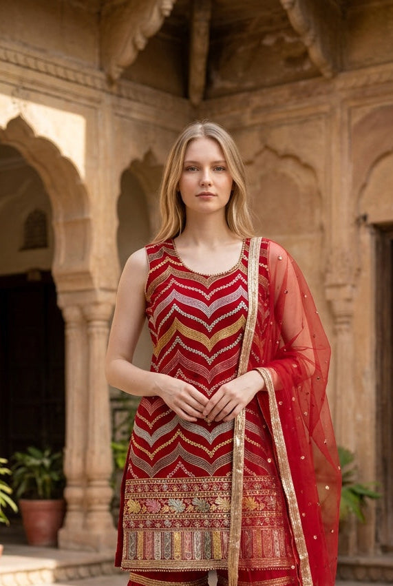 Magenta color Multi thread sequin top with sharara pant