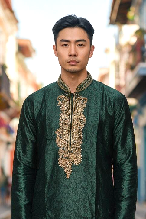 Men's Silk Kurta Pajama with hand work on neck – Indian Wedding Ethnic Wear Set - Bollywood style