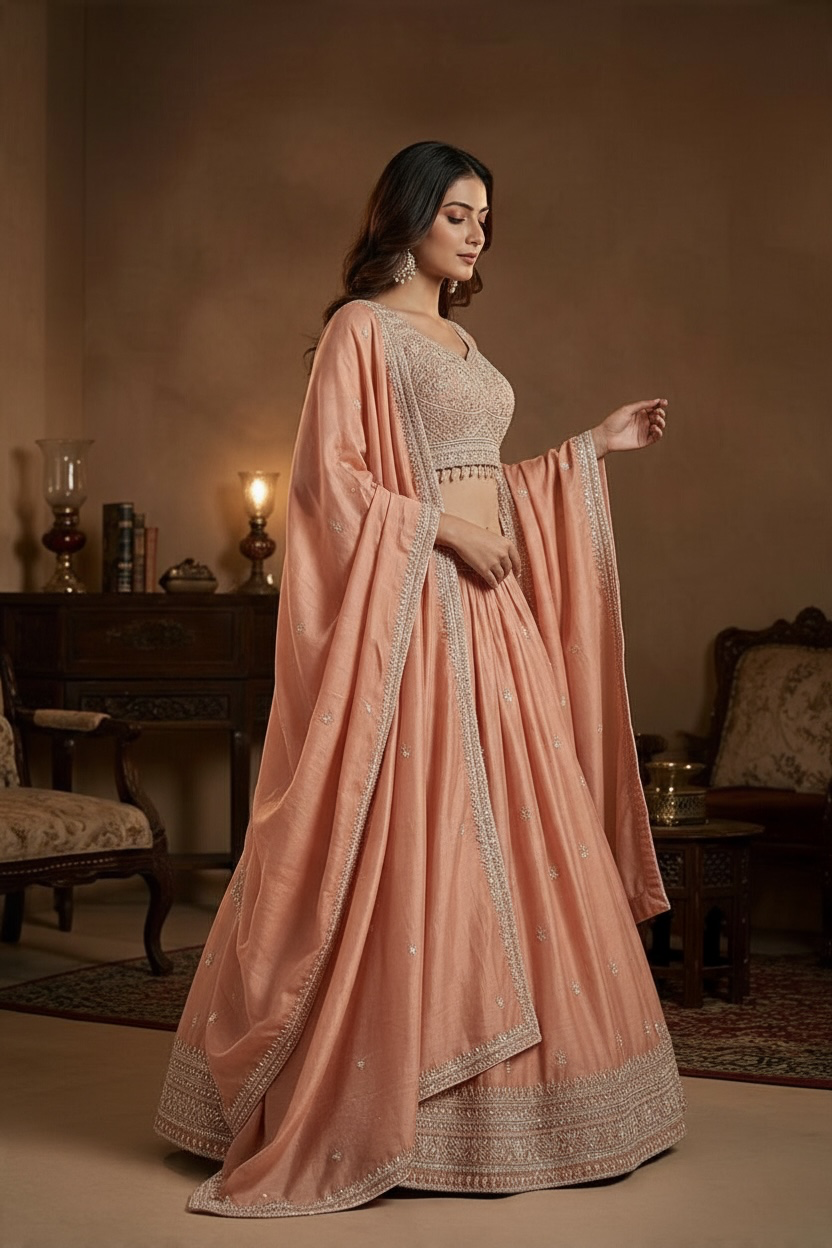 Peach Lehenga with Embroidery work