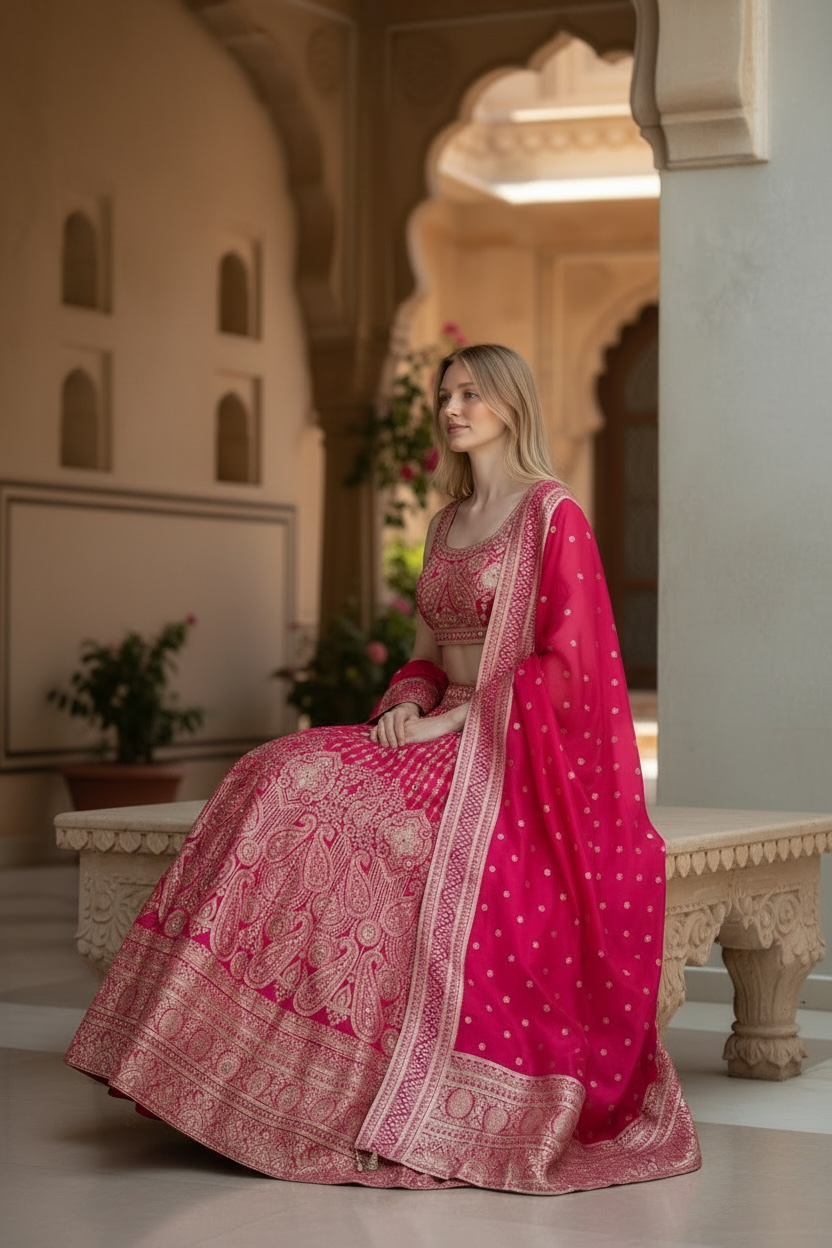 Pink color silk crop top Lehenga