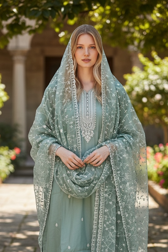 Sea Green Straight Suit w/fully work orzanga Dupata