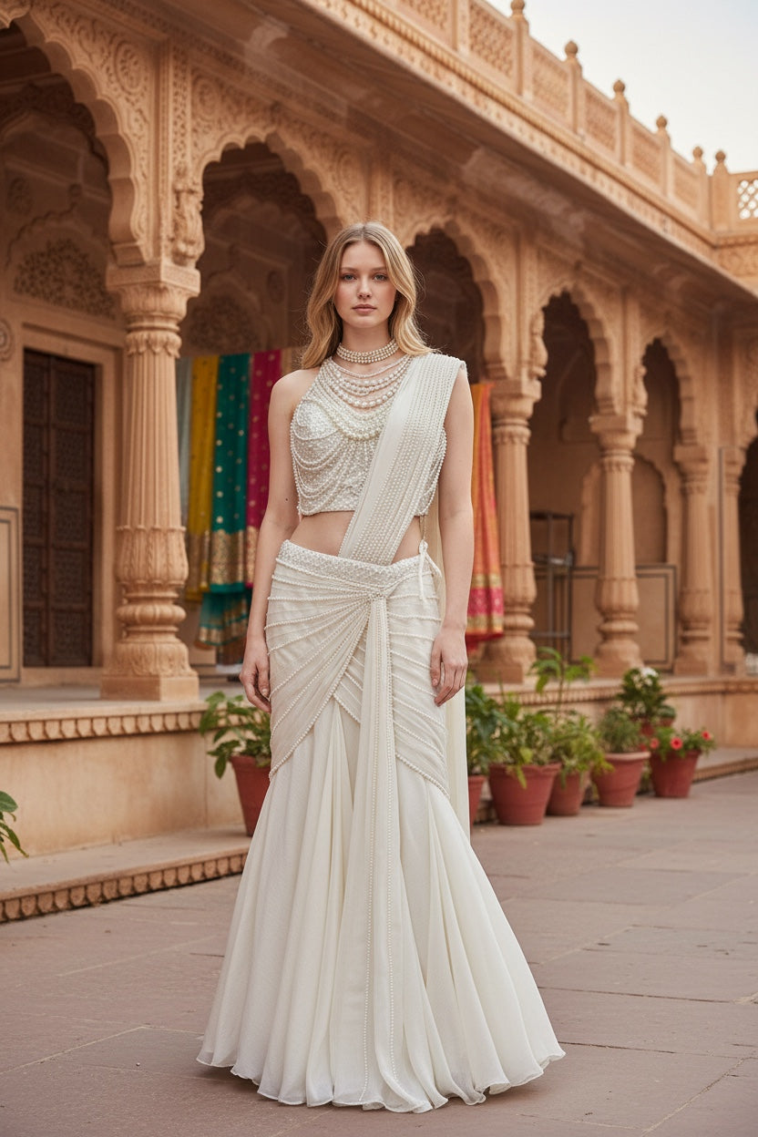 Ivory color georgette pearl work Bridal saree/lehenga