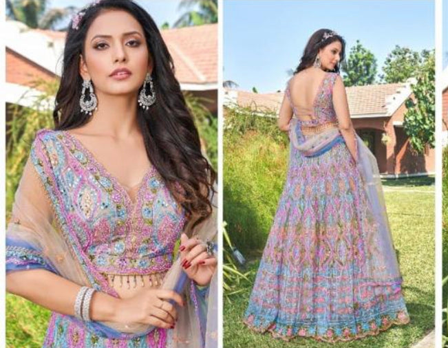 Multi color contrast fully both side work embroidered & hand work Lehenga