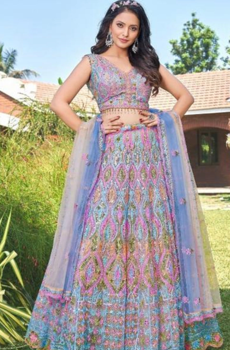 Multi color contrast fully both side work embroidered & hand work Lehenga
