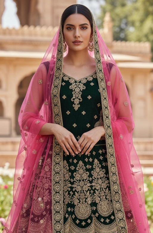 Beautiful bridal lehenga in Dark Green color