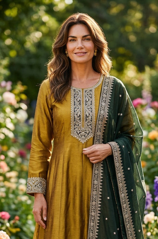 Mehendi green anarkali with contrast green Dupata