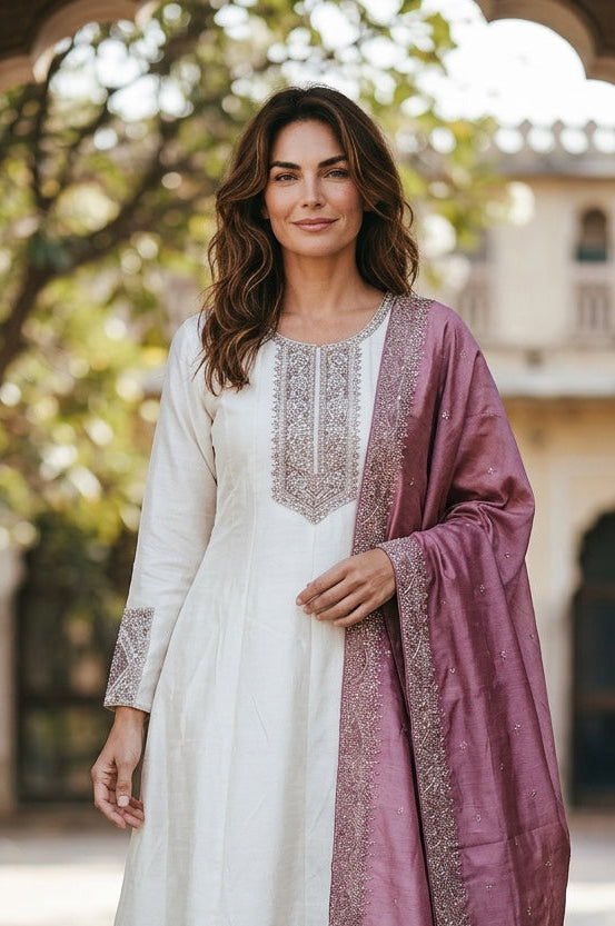 Beautiful cream anarkali with matching fully work Dupata