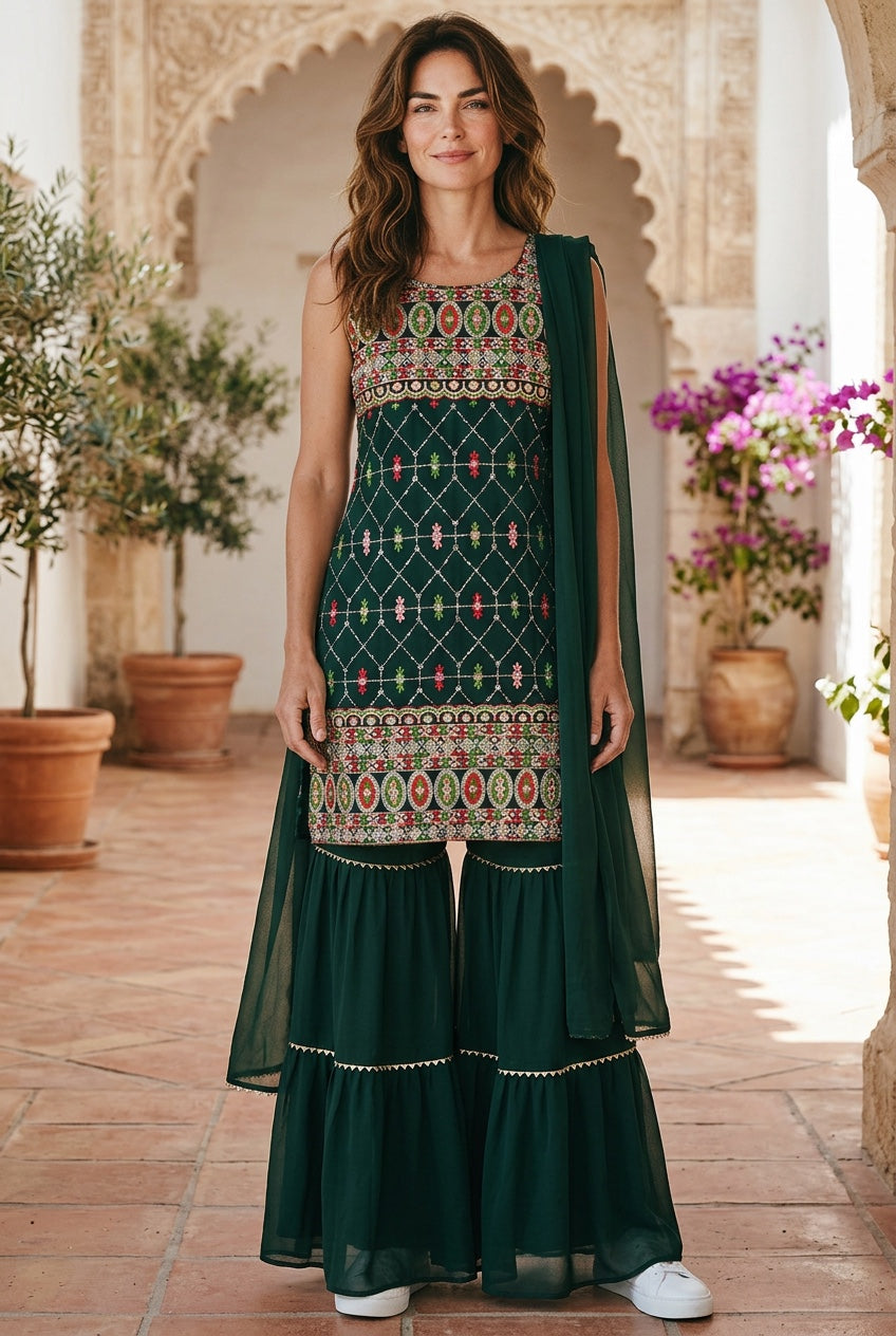 Green Color multicolor thread sequin top with sharara pant