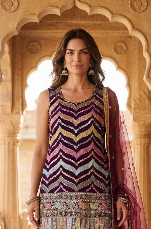 Purple color Multi thread sequin top with sharara pant