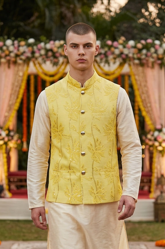 Designer Yellow Modi Nehru Jacket For Men | Waist Coat | Jacket for kurta