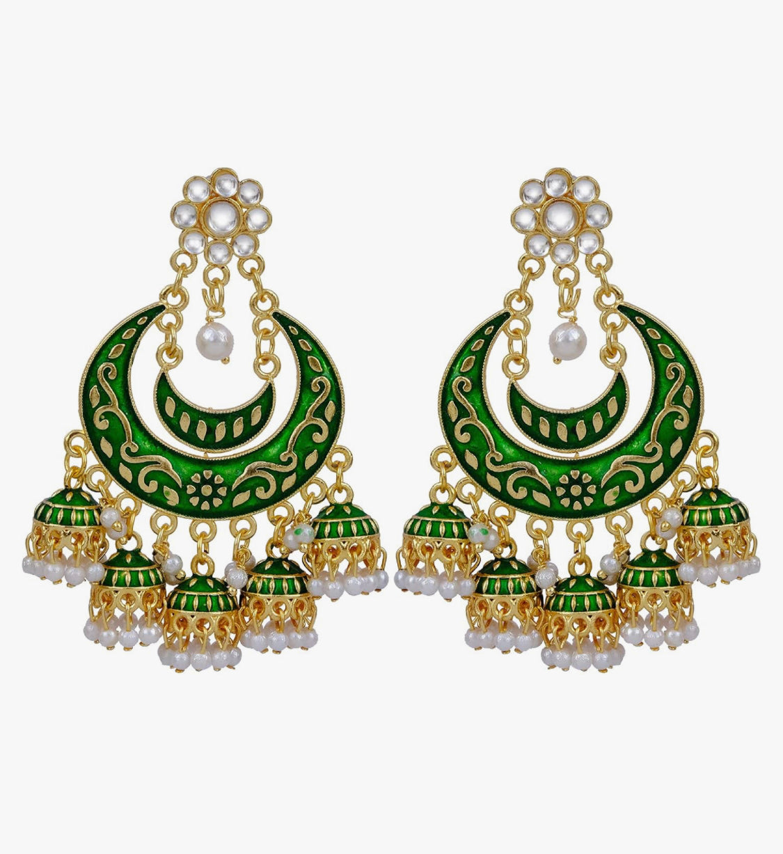 Green Meenakari Earrings on Gold toned background Along with Kundan Stones