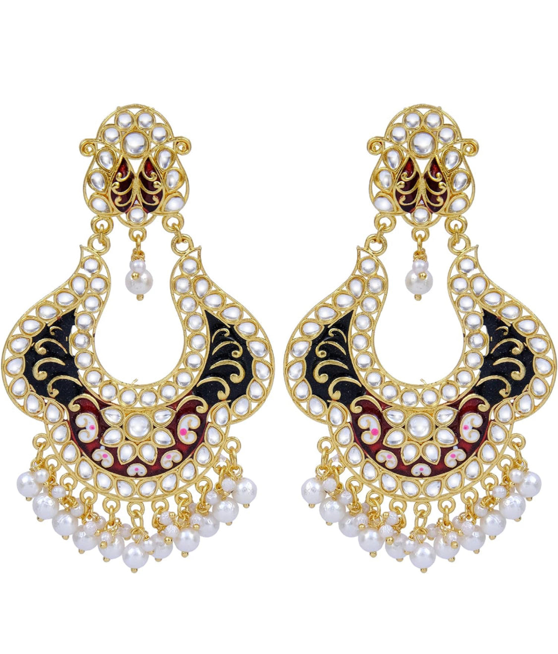Mehroon Meenakari Earrings on Gold toned background Along with Kundan Stones