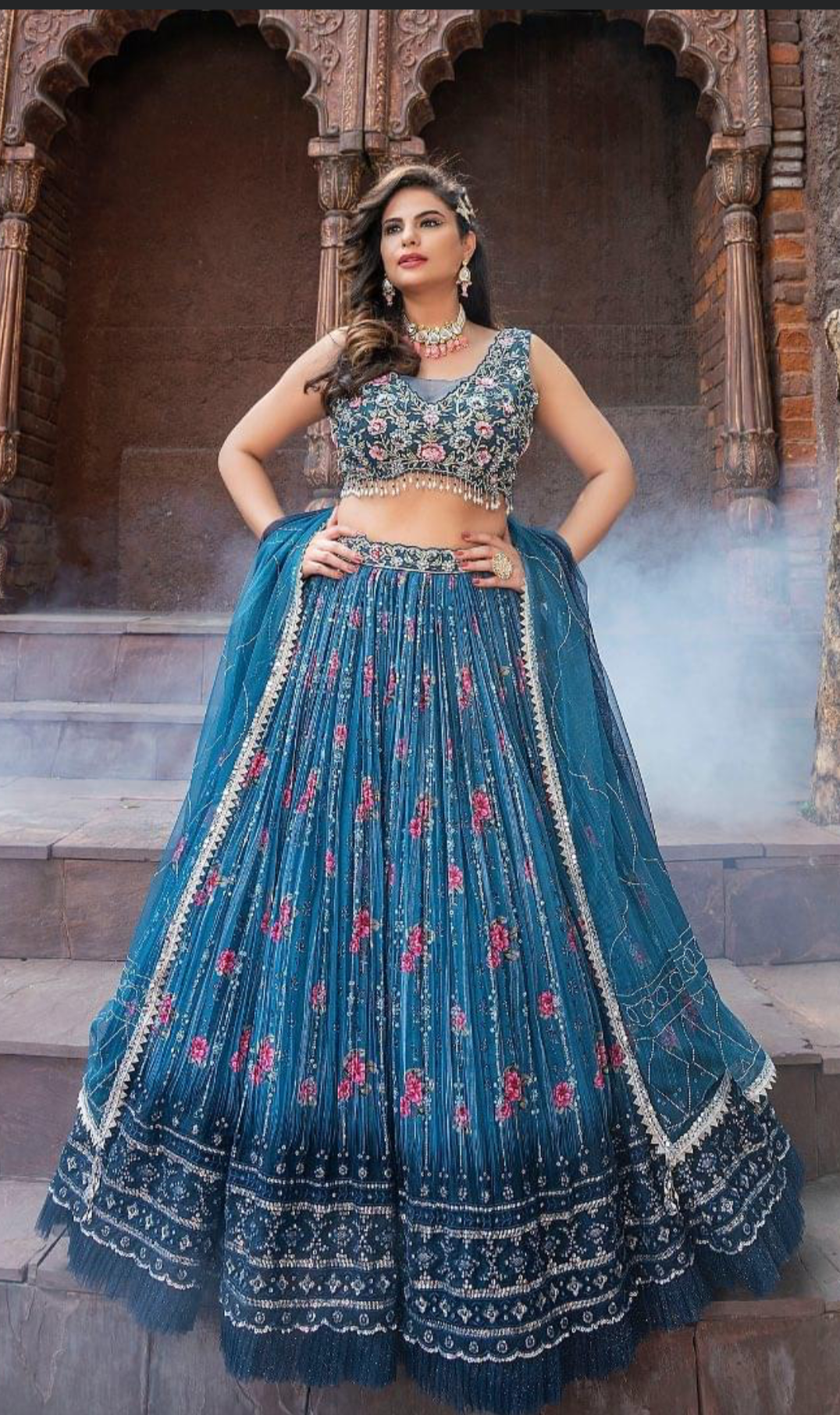 Light & Dark color Blue fully both side work embroidered & hand work Lehenga