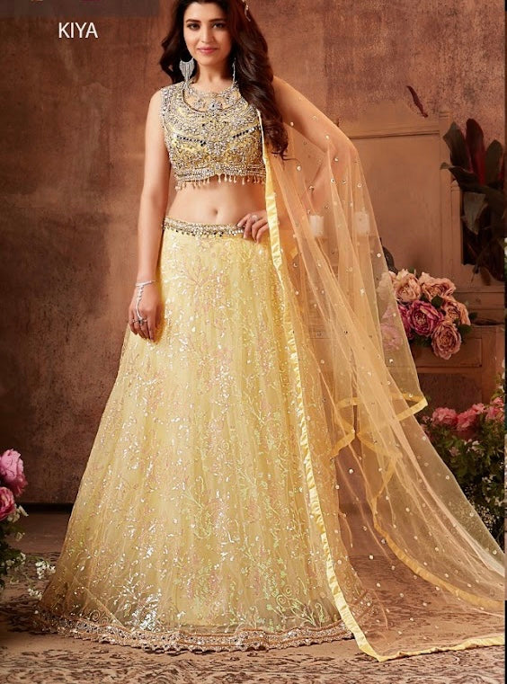 Light Yellow color contrast fully both side work embroidered & hand work Lehenga
