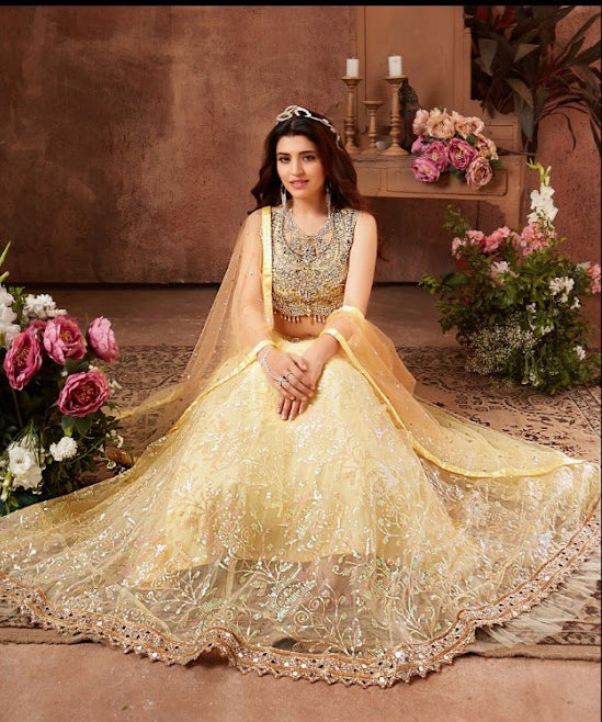 Light Yellow color contrast fully both side work embroidered & hand work Lehenga
