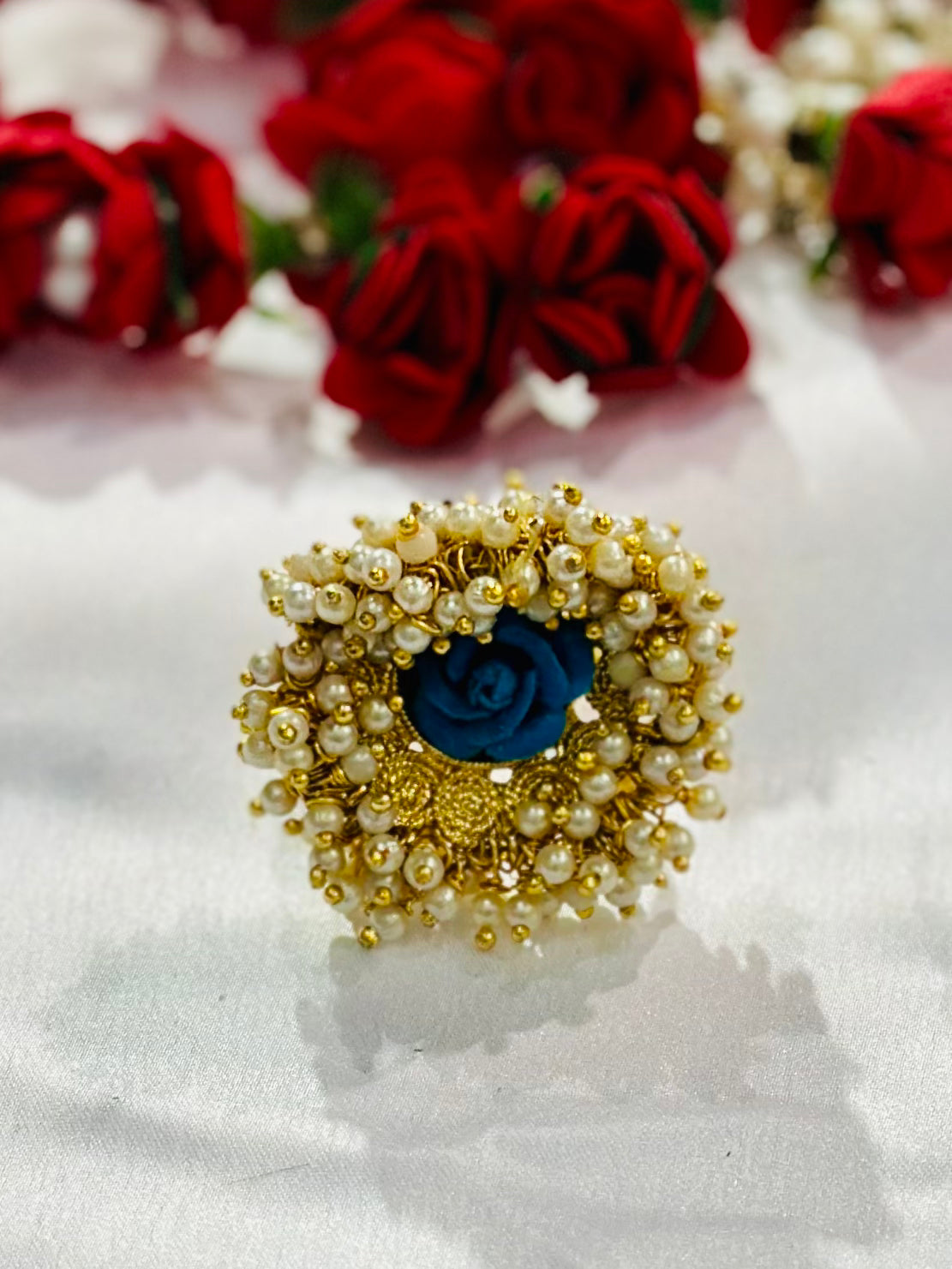 Pearl ring with meenakari & kundan stone work