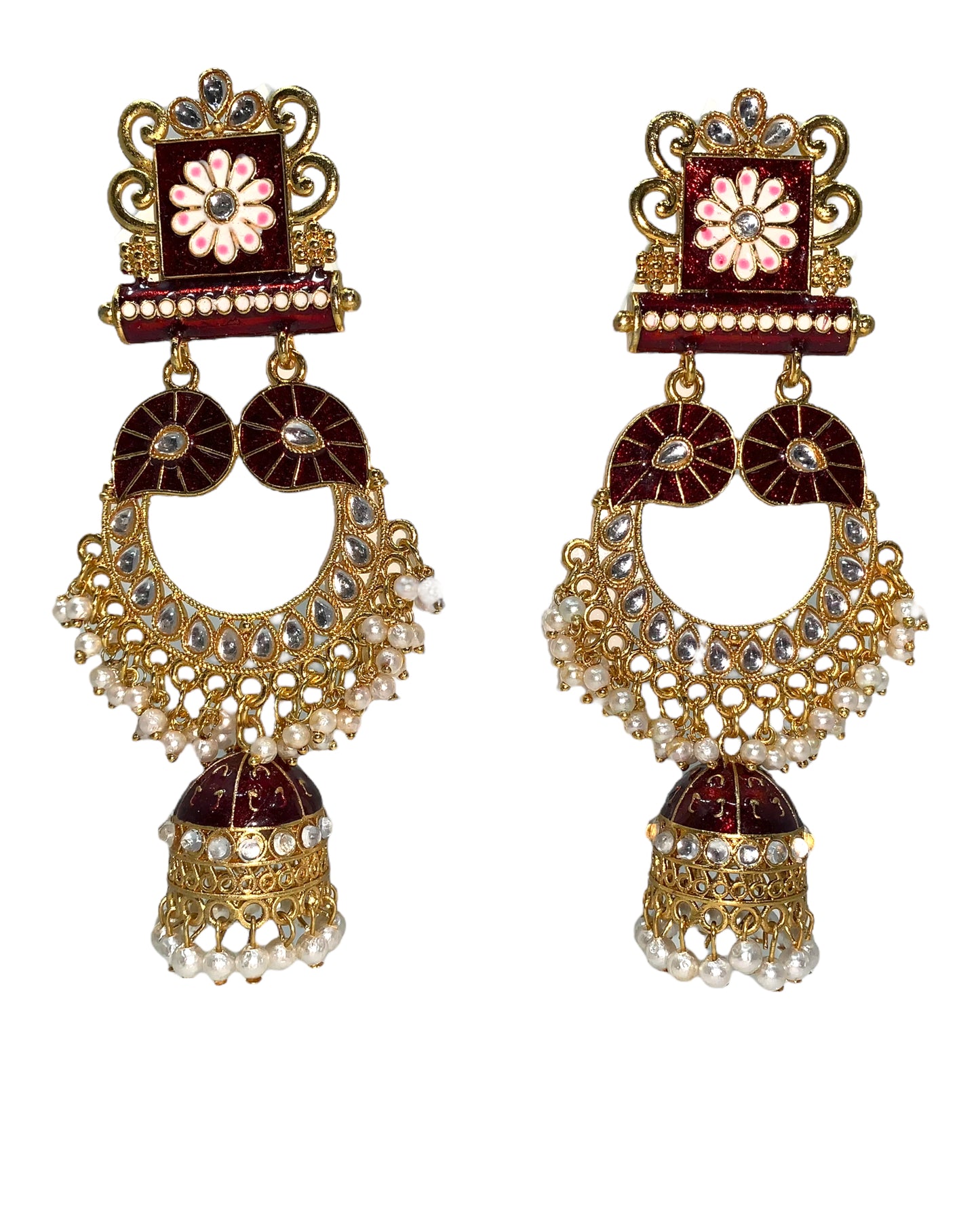 Gold Plated red Color Meenakari Kundan Earrings
