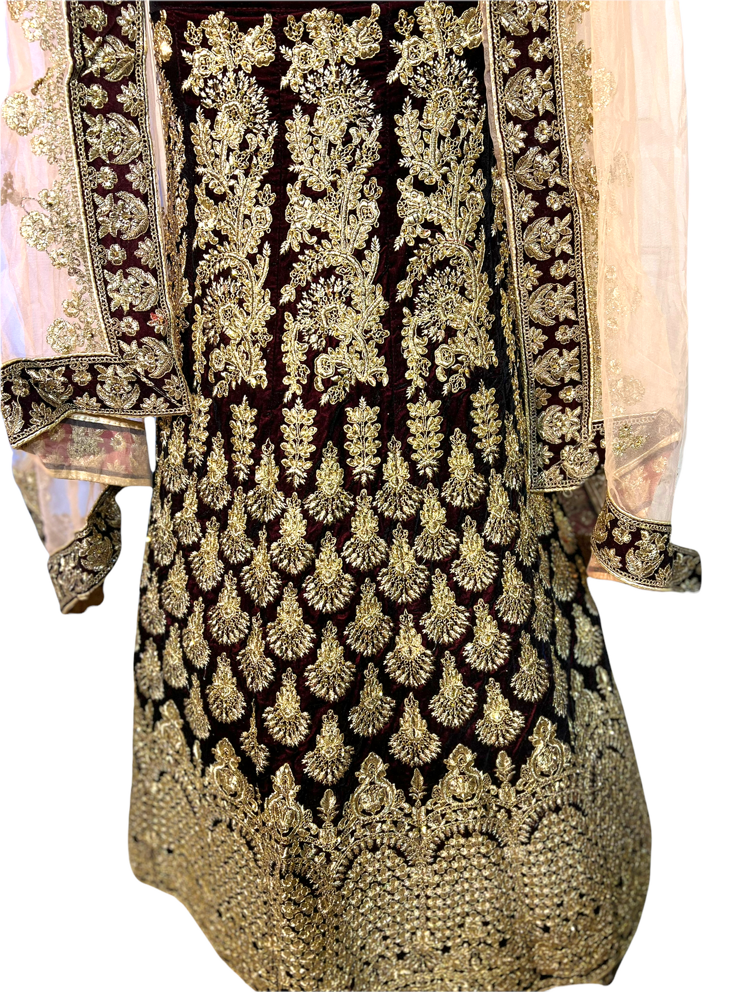 Velvet Coffee color Bridal Lehnga with Peach color Dupata