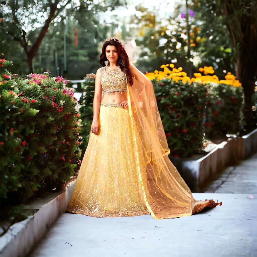 Light Yellow color contrast fully both side work embroidered & hand work Lehenga