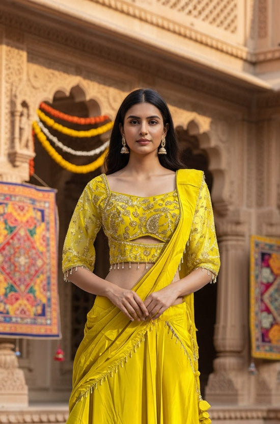 Yellow color crop top Lehenga with attach Dupata