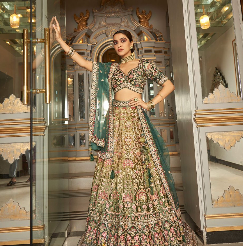 Rama Green color contrast fully both side work embroidered & hand work Lehenga