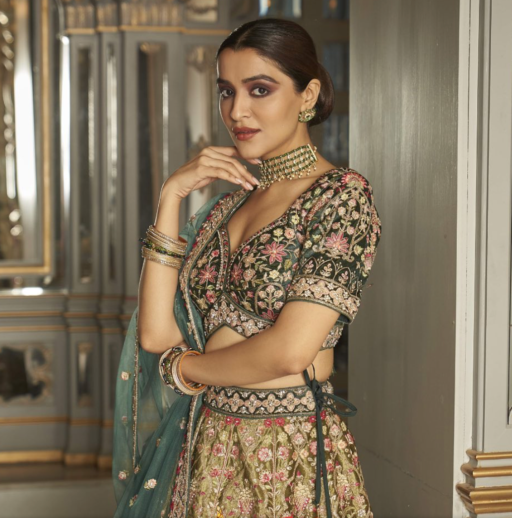 Rama Green color contrast fully both side work embroidered & hand work Lehenga