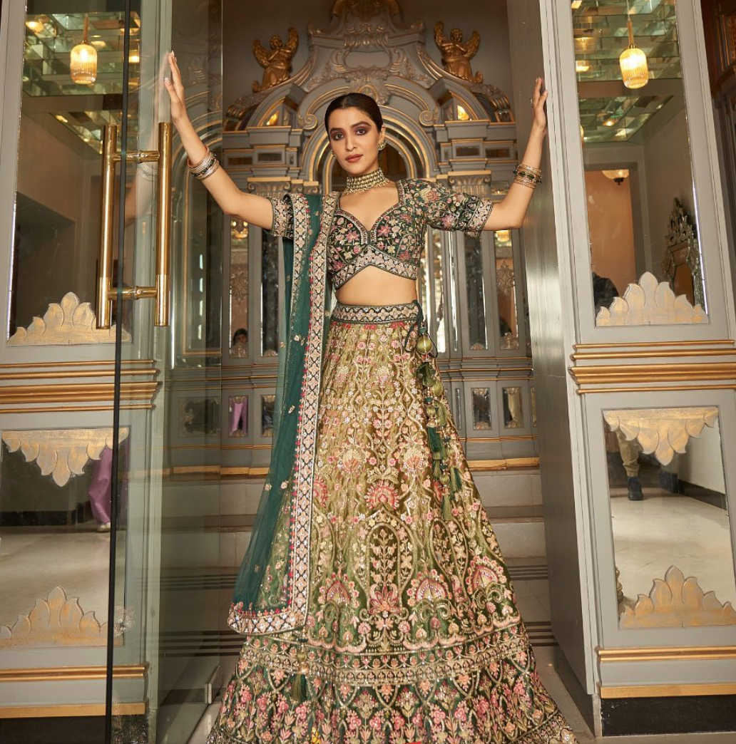 Rama Green color contrast fully both side work embroidered & hand work Lehenga