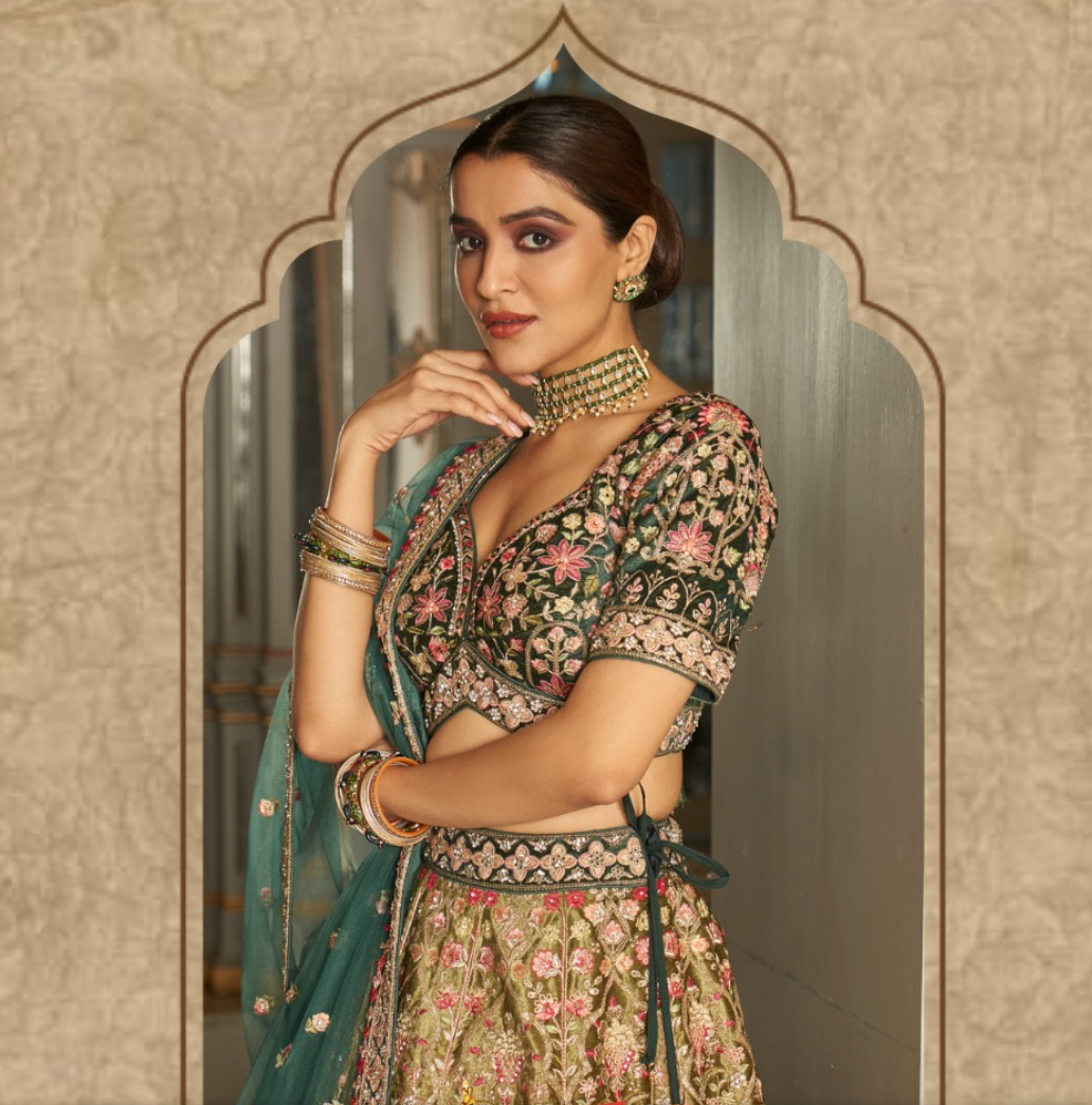Rama Green color contrast fully both side work embroidered & hand work Lehenga