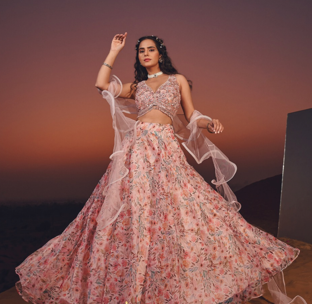 Peach color contrast fully both side work embroidered & hand work Lehenga