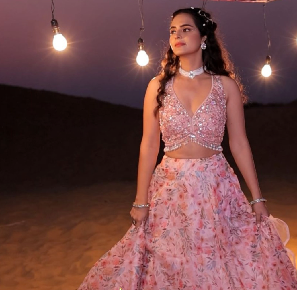 Peach color contrast fully both side work embroidered & hand work Lehenga