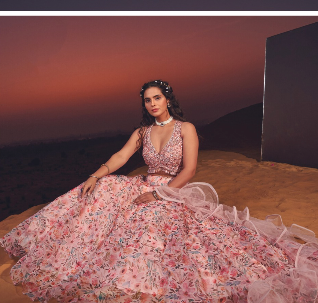 Peach color contrast fully both side work embroidered & hand work Lehenga