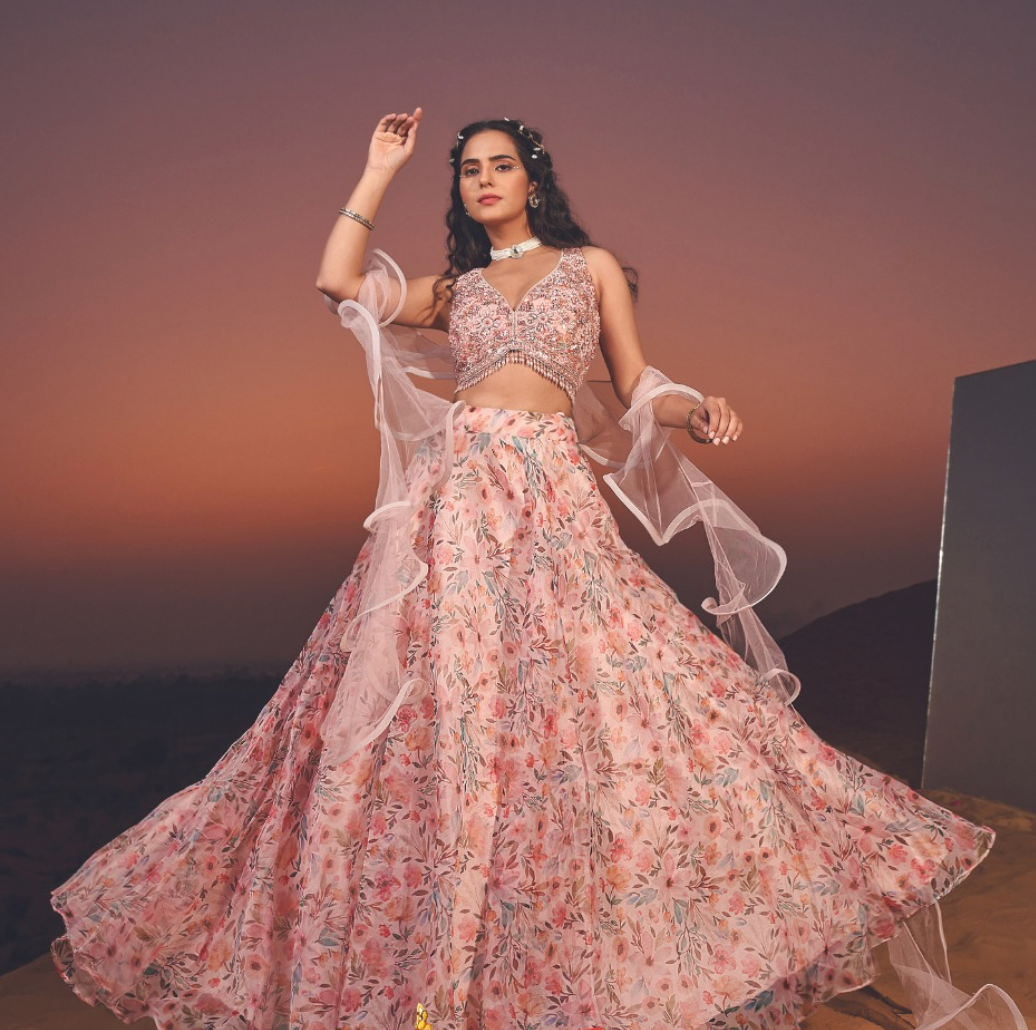 Peach color contrast fully both side work embroidered & hand work Lehenga