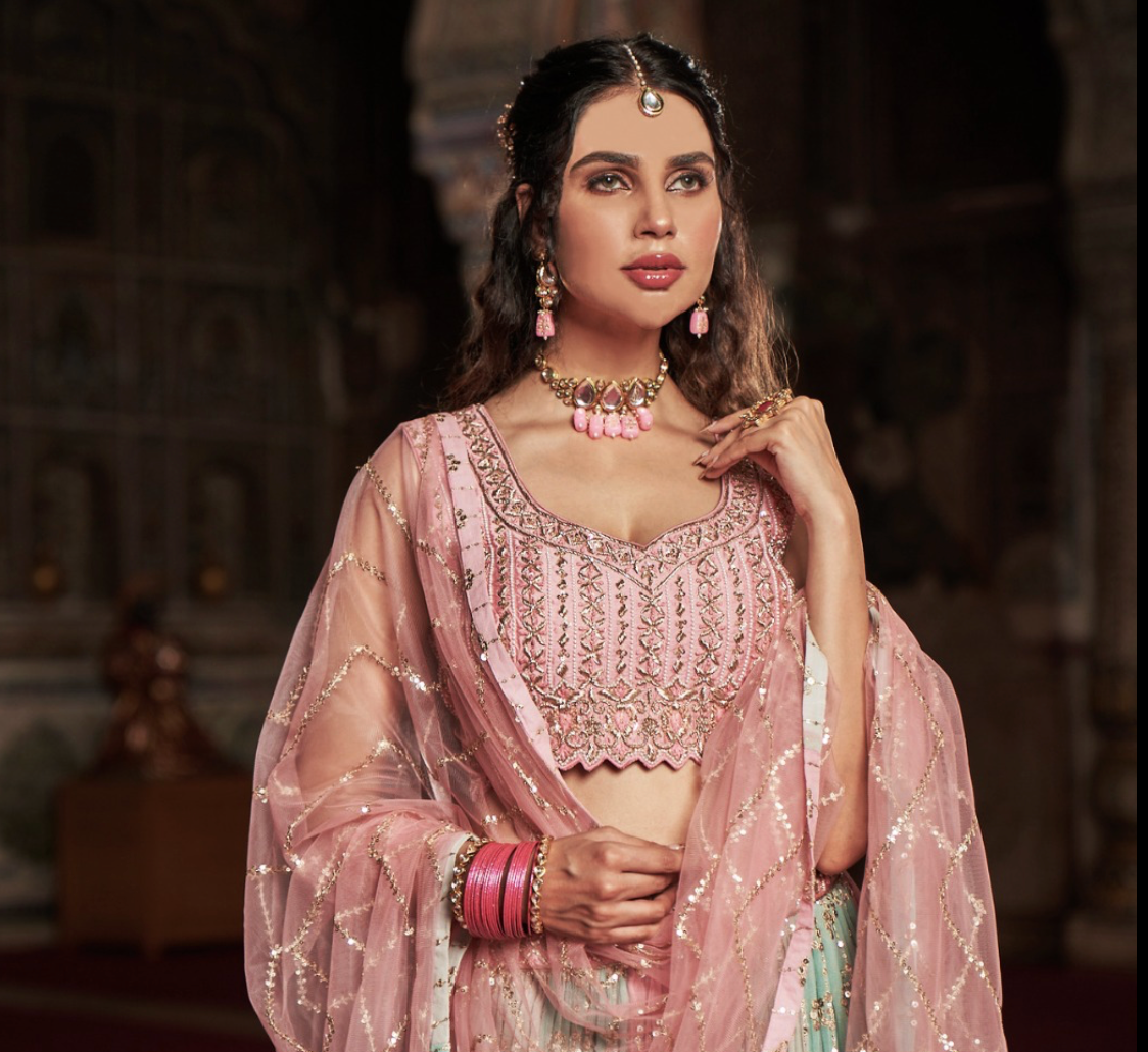 Baby Pink & Light Blue color contrast fully both side work embroidered & hand work Lehenga