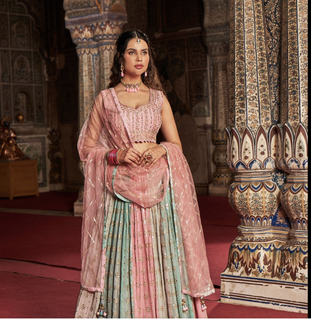Baby Pink & Light Blue color contrast fully both side work embroidered & hand work Lehenga