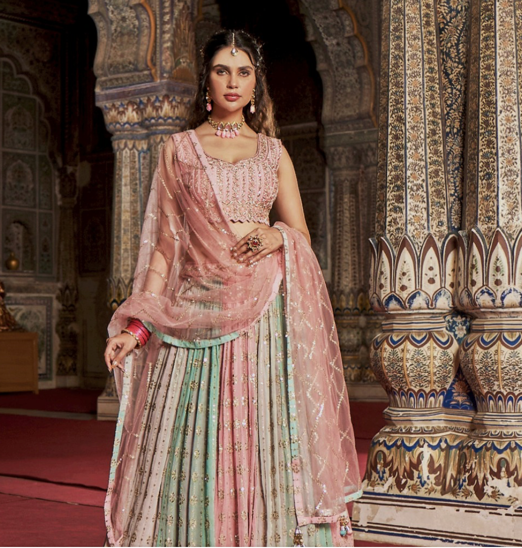 Baby Pink & Light Blue color contrast fully both side work embroidered & hand work Lehenga