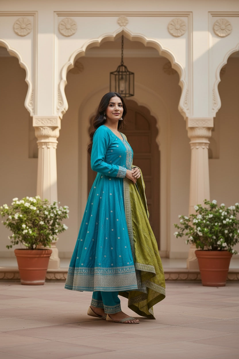 Blue color anarkali with contrast Mehendi green Dupata
