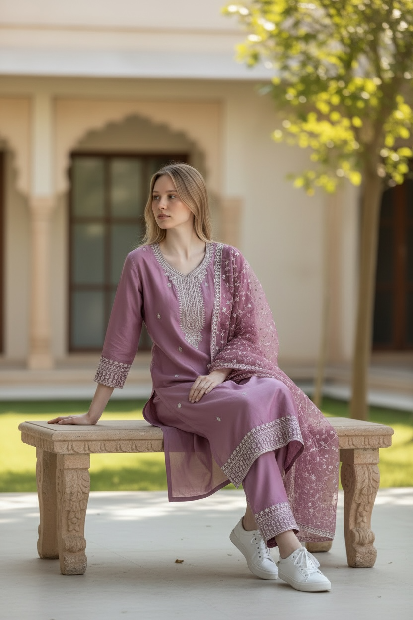 Baby pink Straight Suit w/fully work orzanga Dupata (Copy)