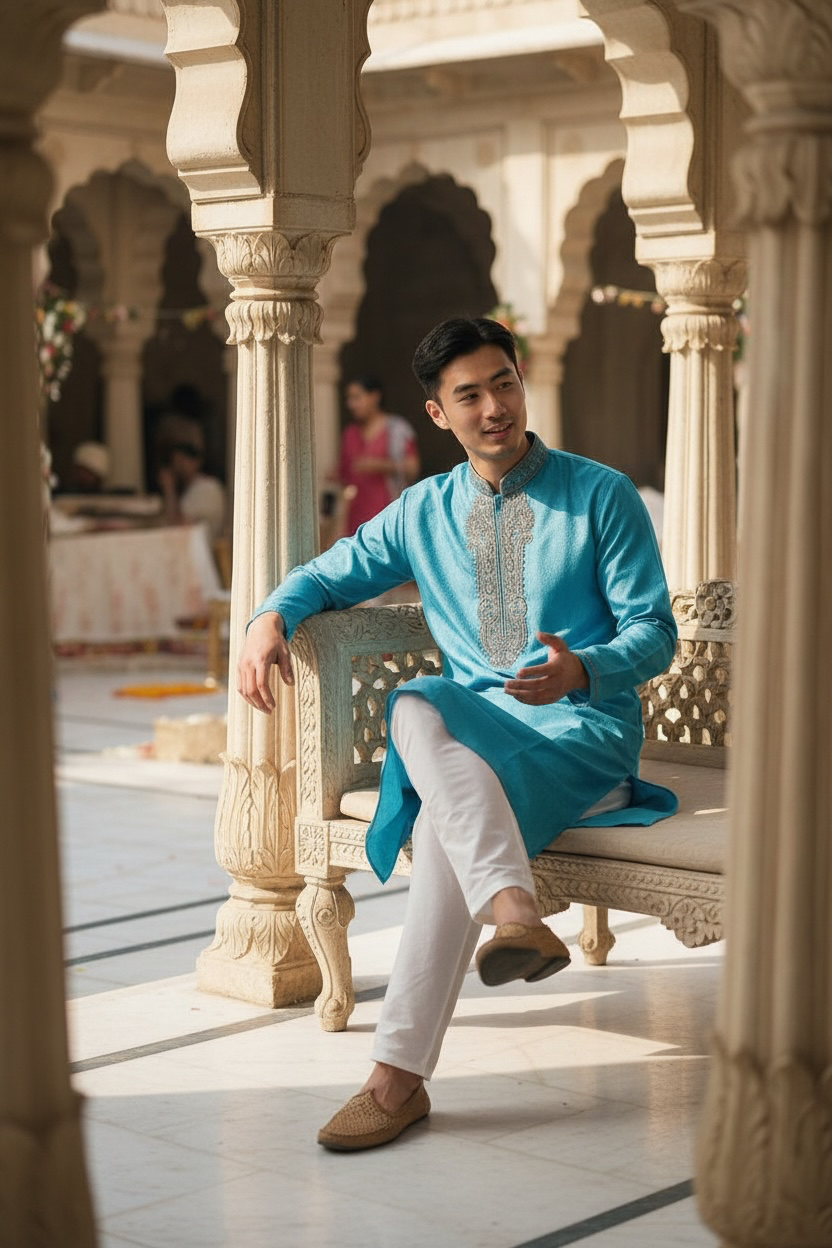 Men's brocade Silk Kurta Pajama with hand work on neck  – Indian Wedding Ethnic Wear Set