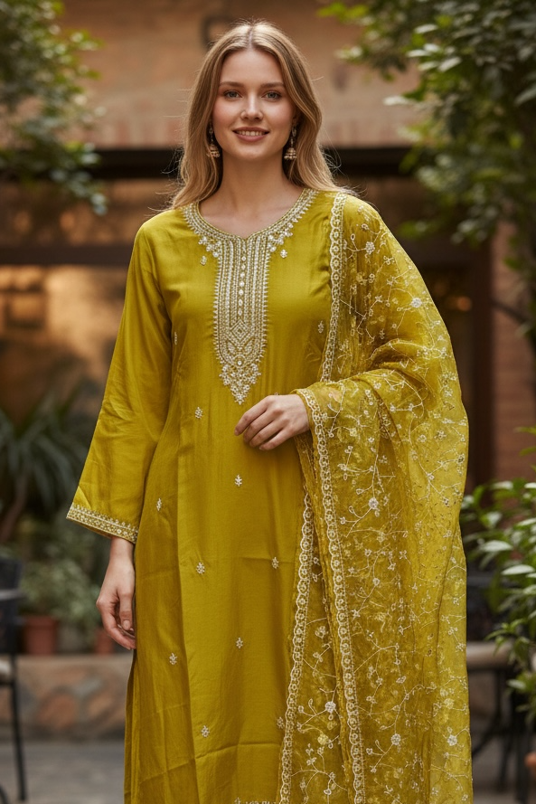 Mustard yellow Straight Suit w/fully work orzanga Dupata