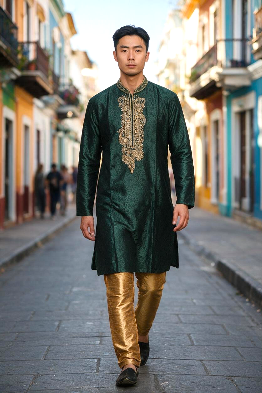 Men's Silk Kurta Pajama with hand work on neck  – Indian Wedding Ethnic Wear Set - Bollywood style