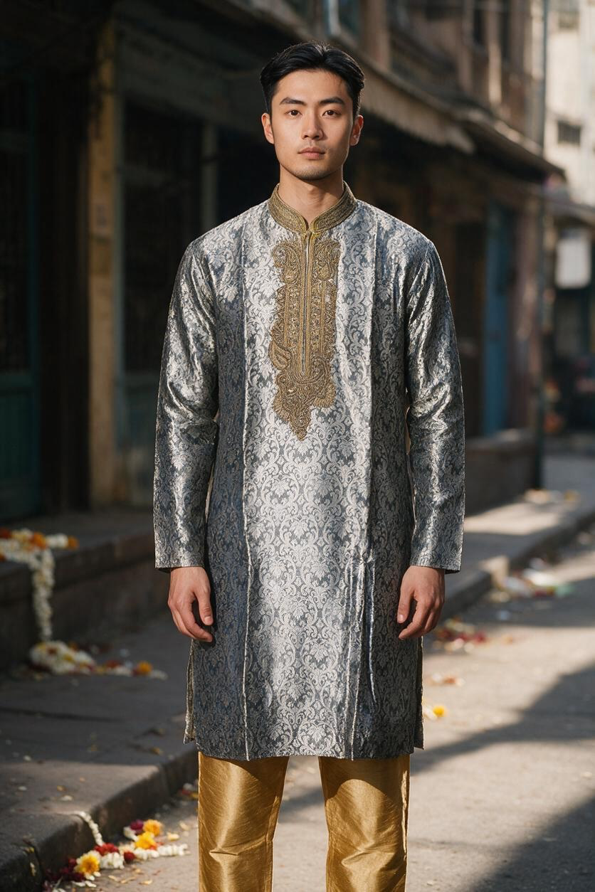 Men's Silk Kurta Pajama with hand work on neck  – Indian Wedding Ethnic Wear Set - Bollywood style