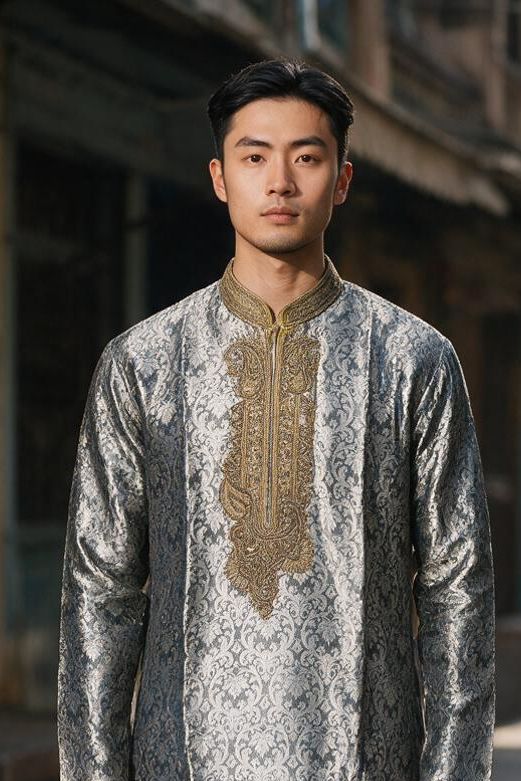 Men's Silk Kurta Pajama with hand work on neck  – Indian Wedding Ethnic Wear Set - Bollywood style