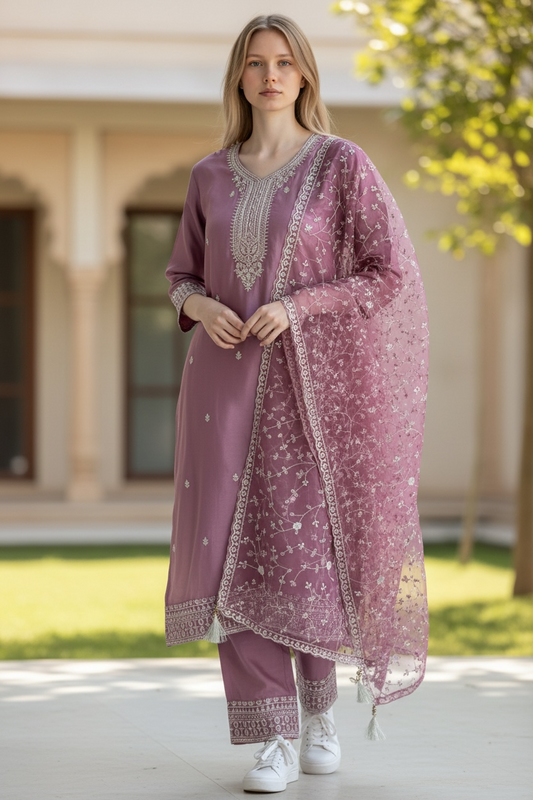 Baby pink Straight Suit w/fully work orzanga Dupata (Copy)