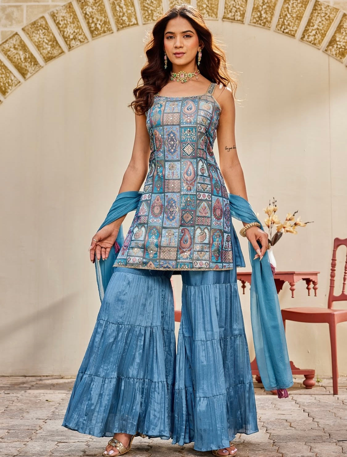 Strap top with big flair sharara pant