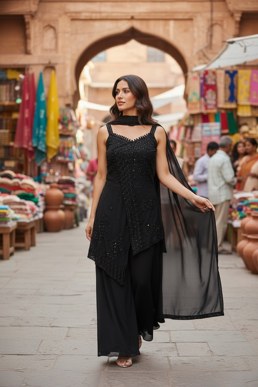 Black color Strap top with big flair sharara pant