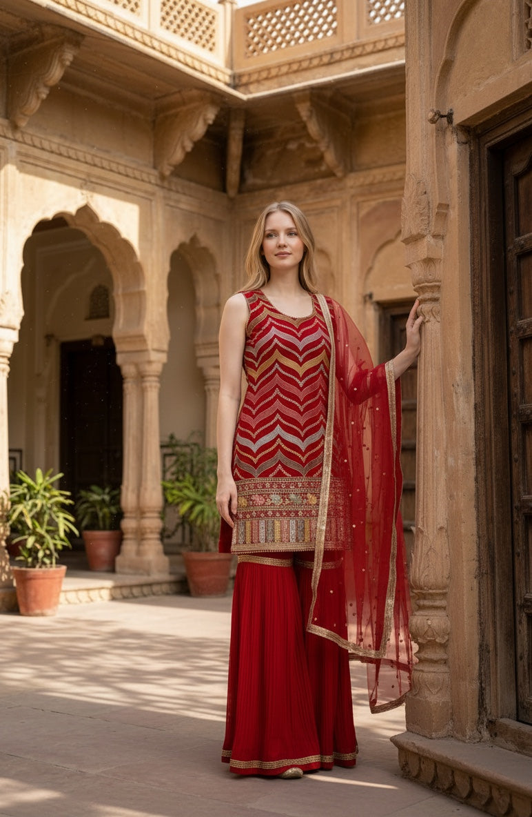 Magenta color Multi thread sequin top with sharara pant